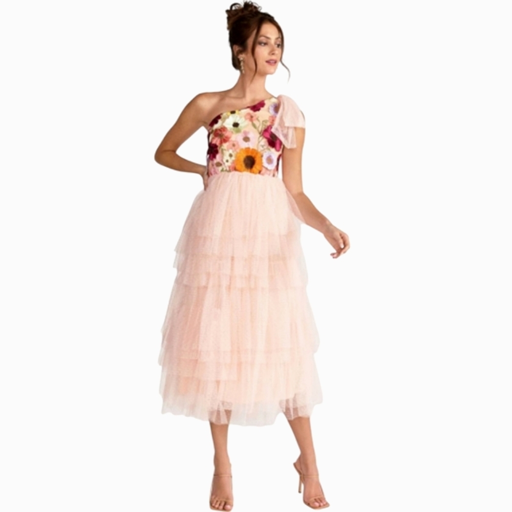 Nwt Just Me NY& Co Peach Floral Embroiderd One-Shoulder Layered Tulle Midi Dress